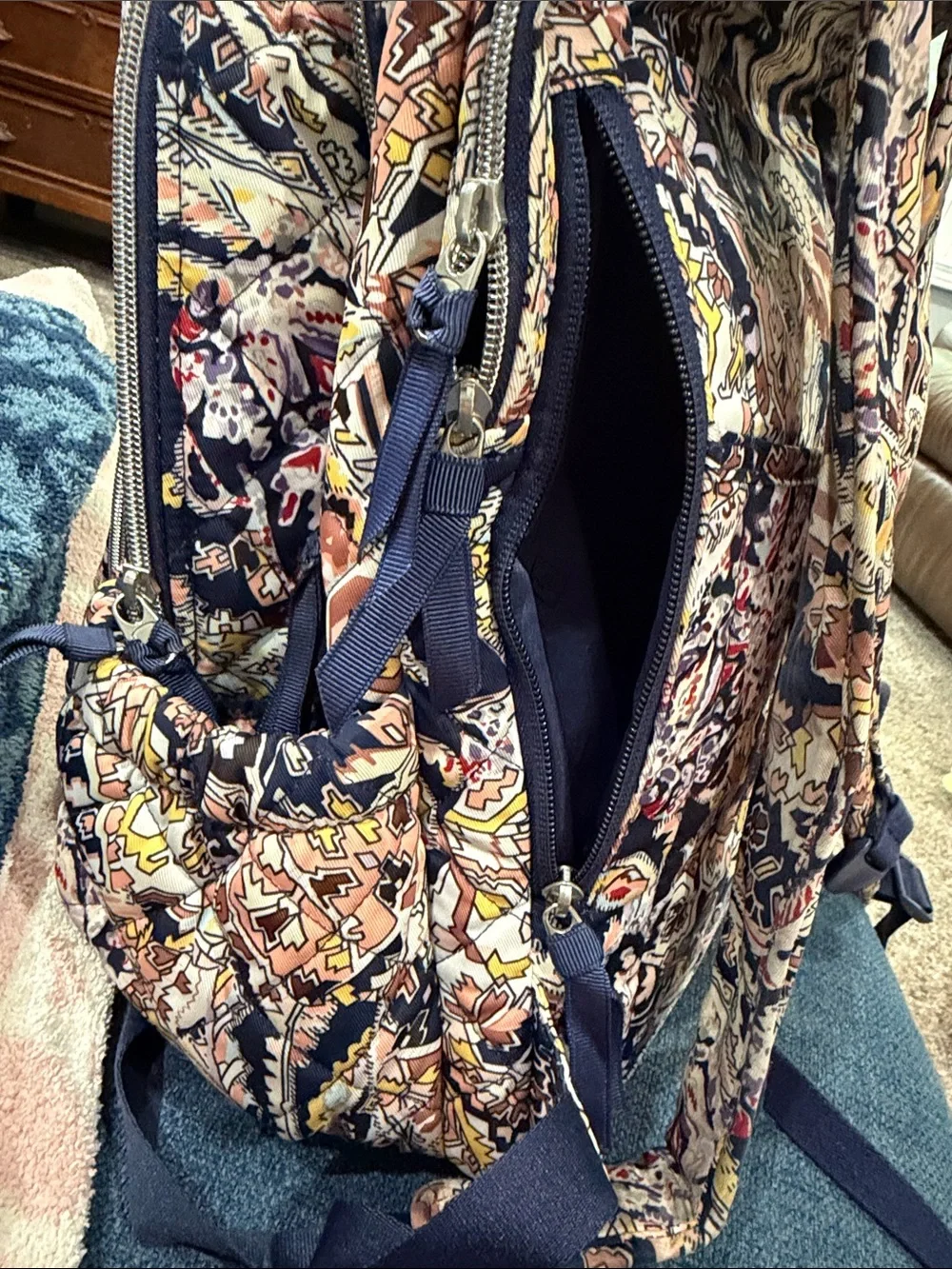 Vera Bradley Multicolor Paisley Print Backpack with Navy Trim. Very Large.